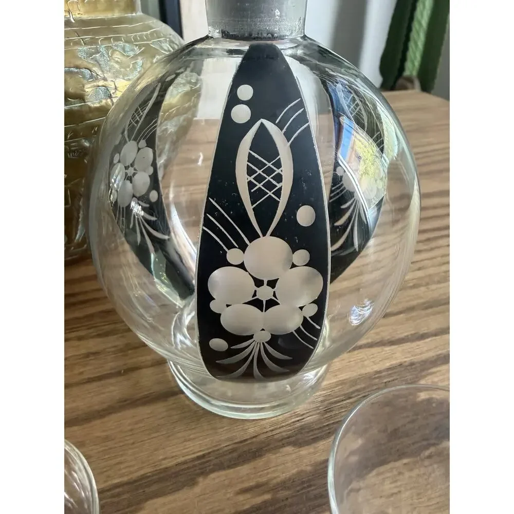 Vintage 1930s Bohemian Glass Decanter Set With Shot Glasses Black Art Deco Glass